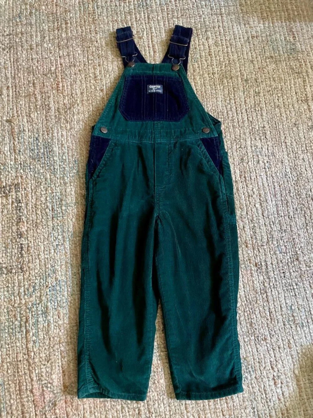 OshKosh B’gosh Green & Navy Blue Corduroy Lined Overalls Unisex Boys 4T EUC